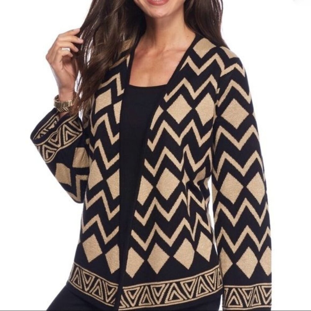 Alfred Dunner Womens Tis the Season Gold Black Cardigan Sweater size Medium